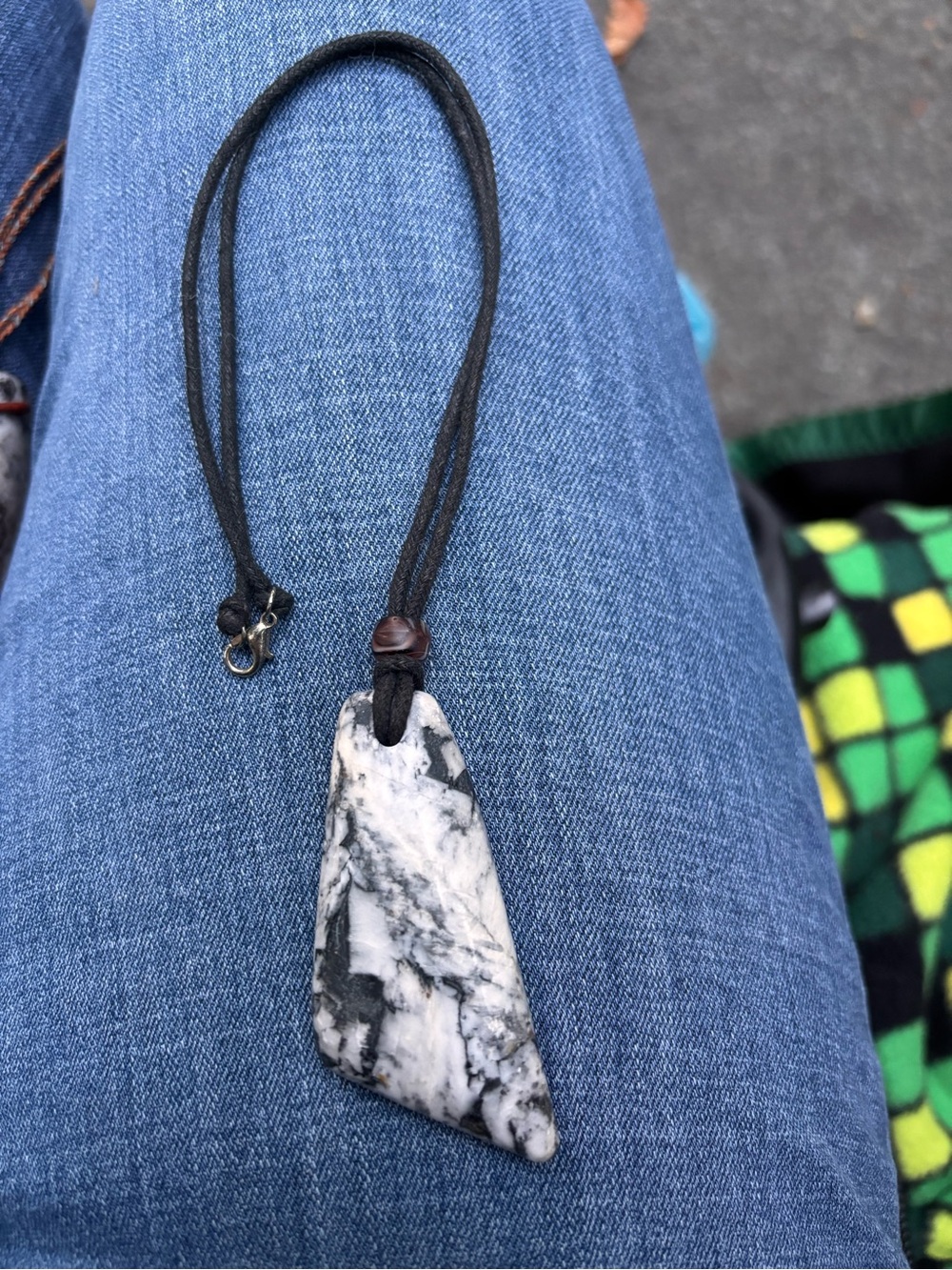 Handcrafted Pinolite pendant. Sourced by hand in British Columbia leather cord